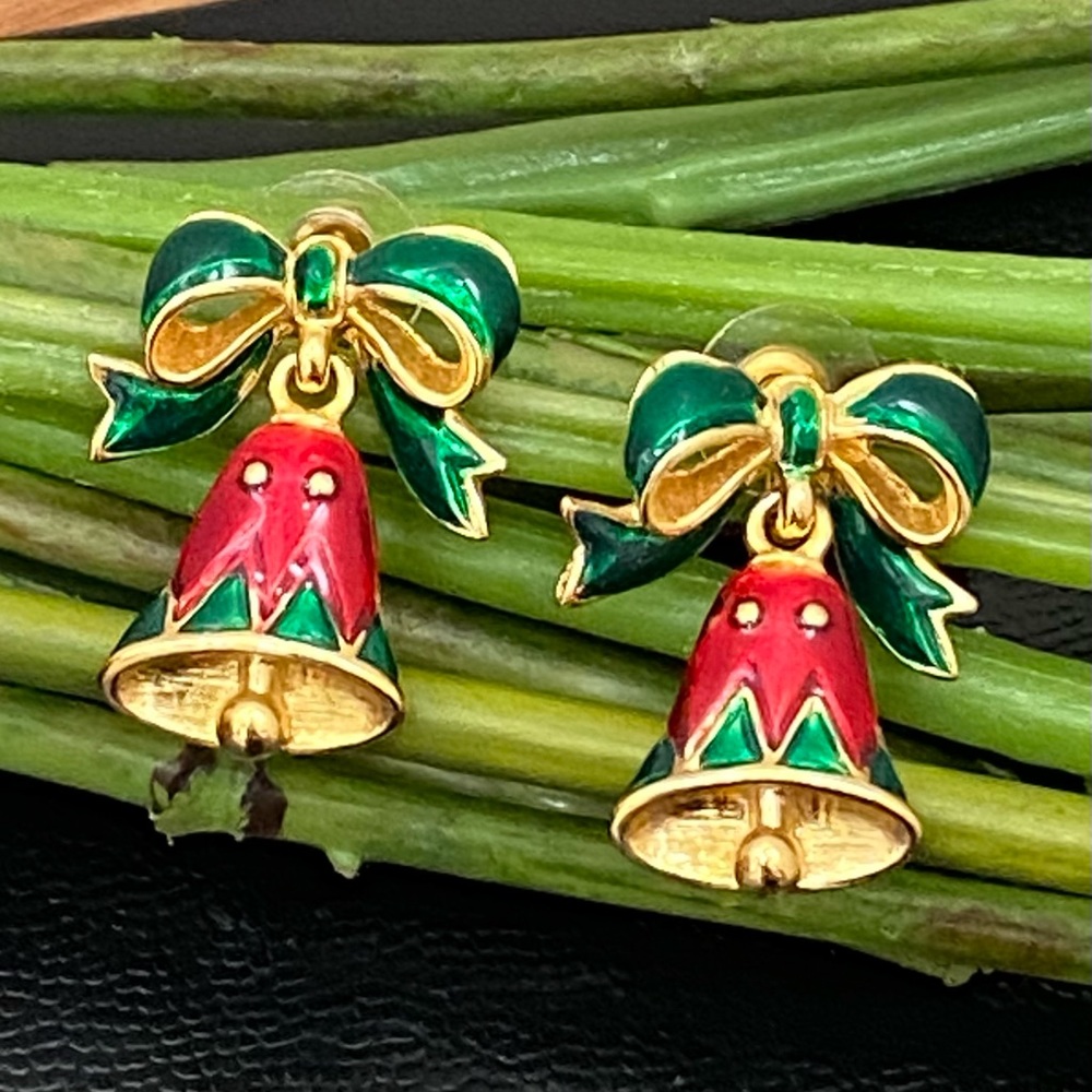 VERO Signed Enameled Christmas Bell with Bow Christmas Earrings
